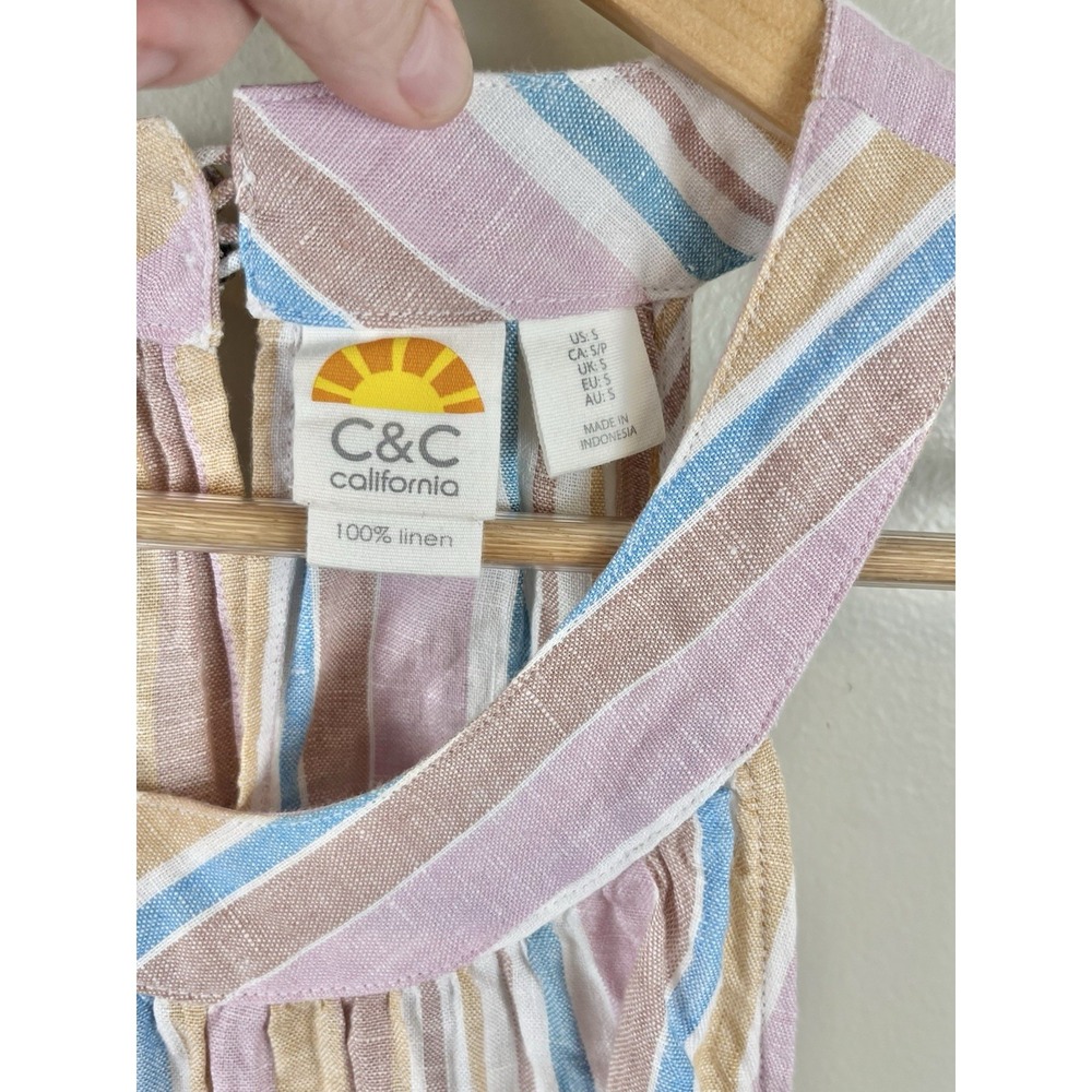 C&C California Multicolor Stripe Sleeveless 100% Linen Dress Size S Shift Beach - Picture 2 of 7